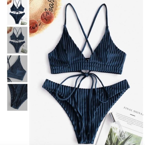 Zaful Other - ZAFUL Velvet Ribbed Teal Bikini